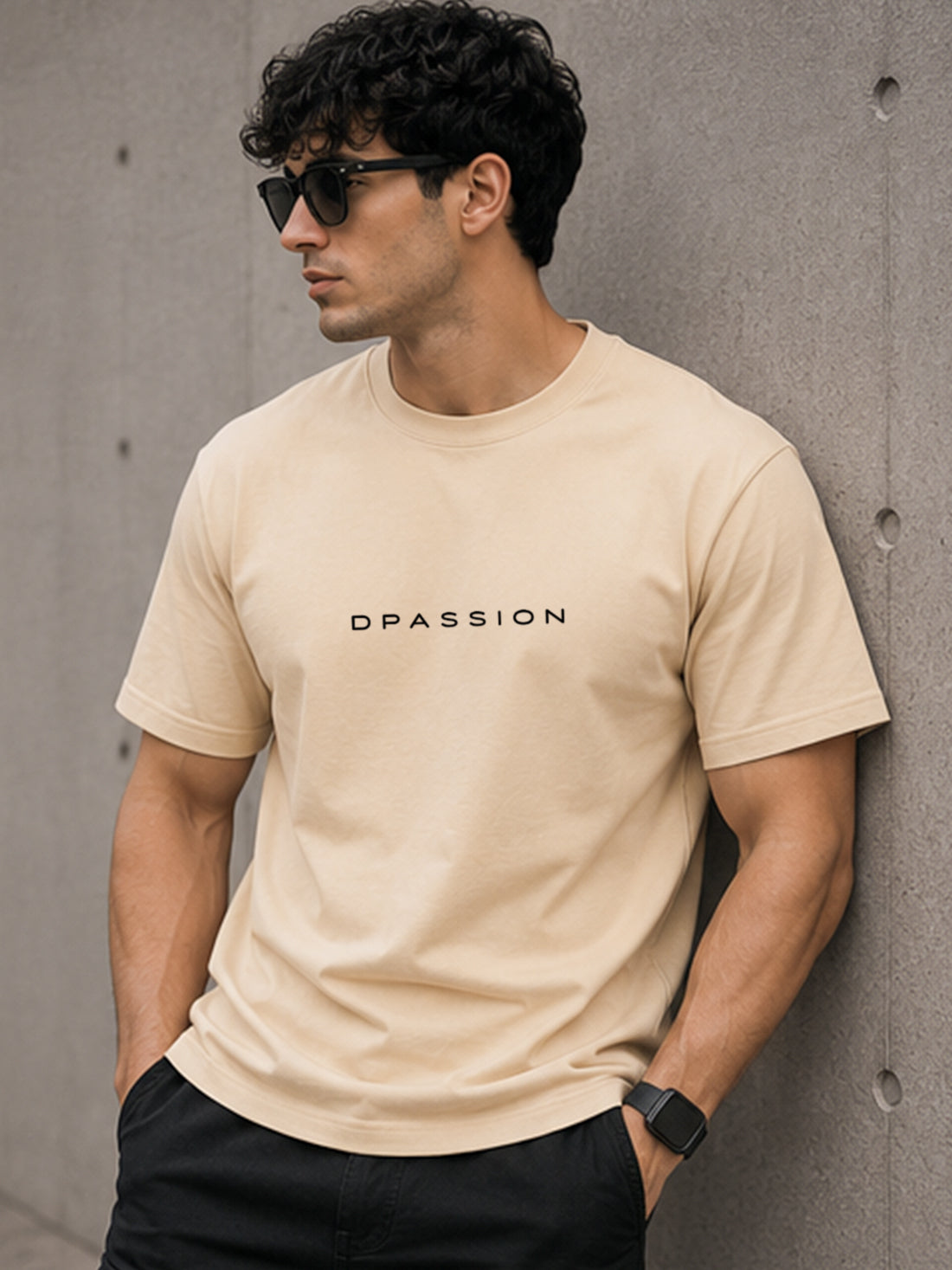 Men's Oversized Drop Shoulder T-Shirt | Pure Cotton Relaxed Fit Round Neck Tee (Beige)
