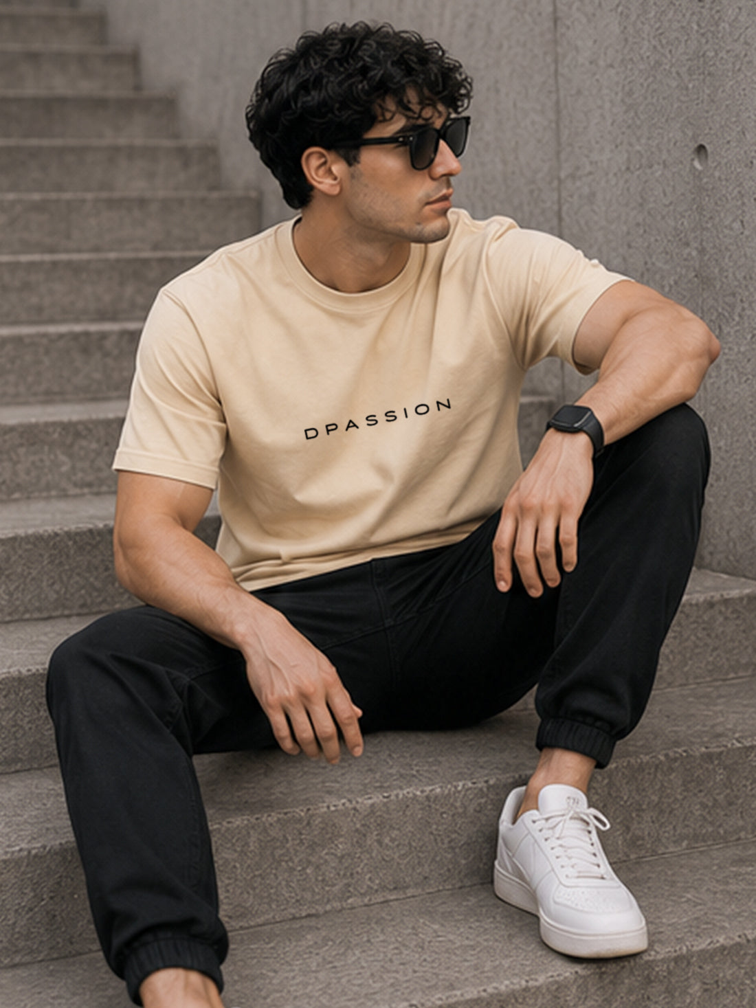 Men's Oversized Drop Shoulder T-Shirt | Pure Cotton Relaxed Fit Round Neck Tee (Beige)