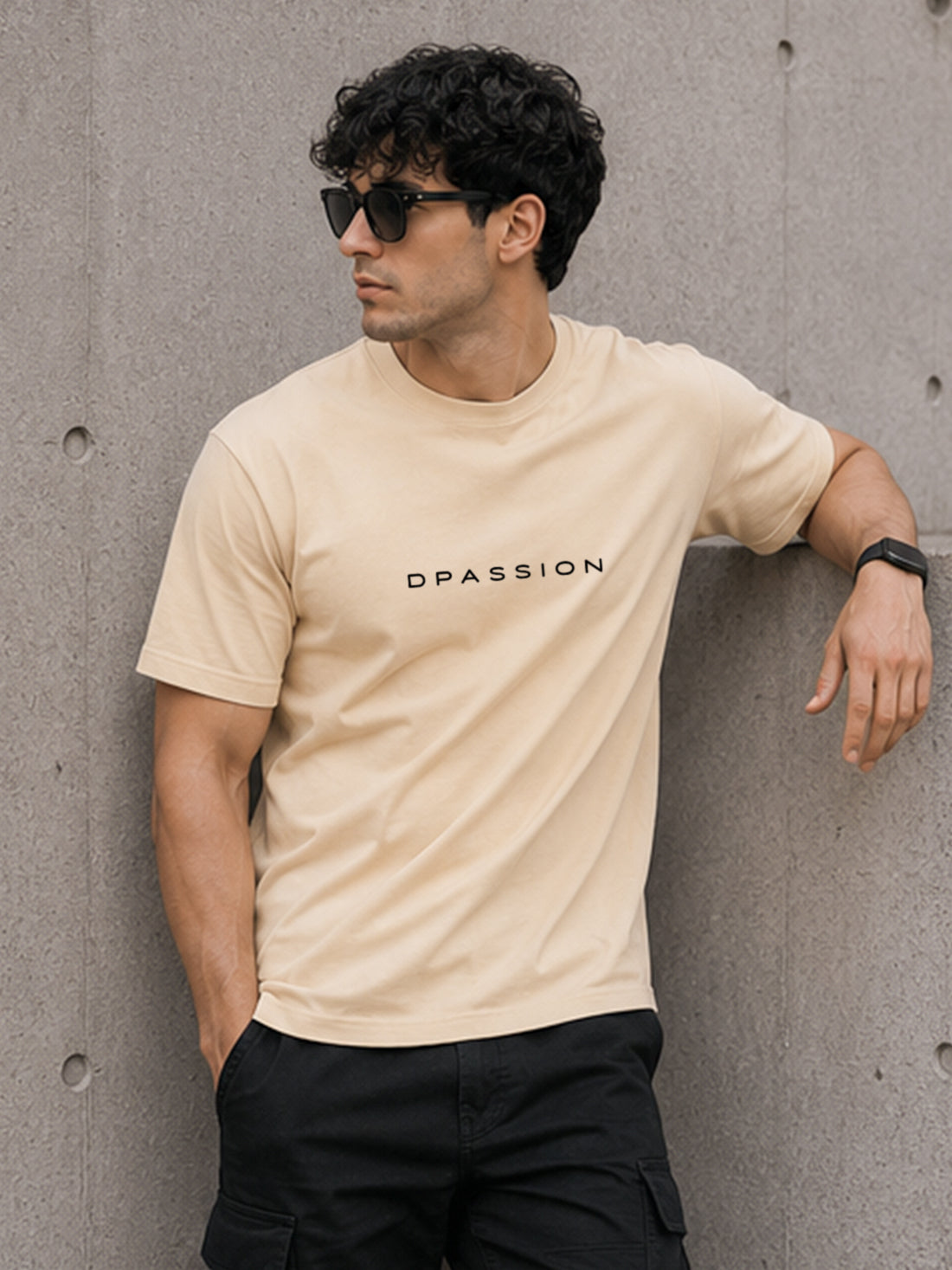 Men's Oversized Drop Shoulder T-Shirt | Pure Cotton Relaxed Fit Round Neck Tee (Beige)