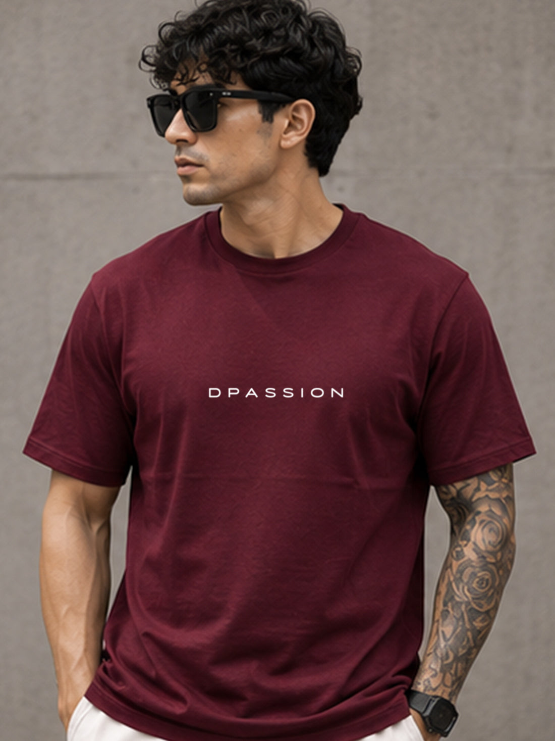 Men's Oversized Drop Shoulder T-Shirt | Pure Cotton Relaxed Fit Round Neck Tee (Wine)