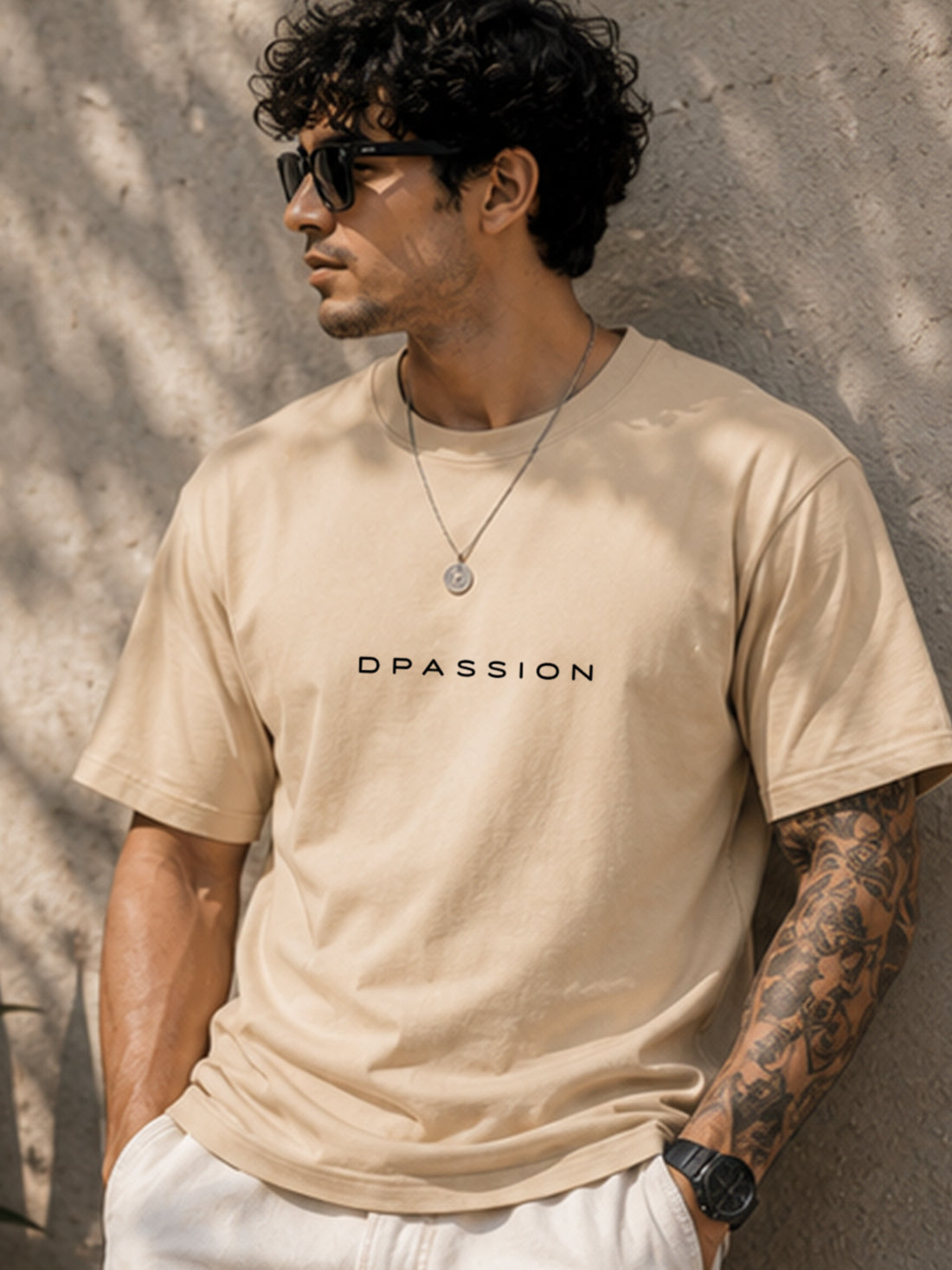 Men's Oversized Drop Shoulder T-Shirt | 100% Cotton Relaxed Fit Round Neck Streetwear Tee (Beige)