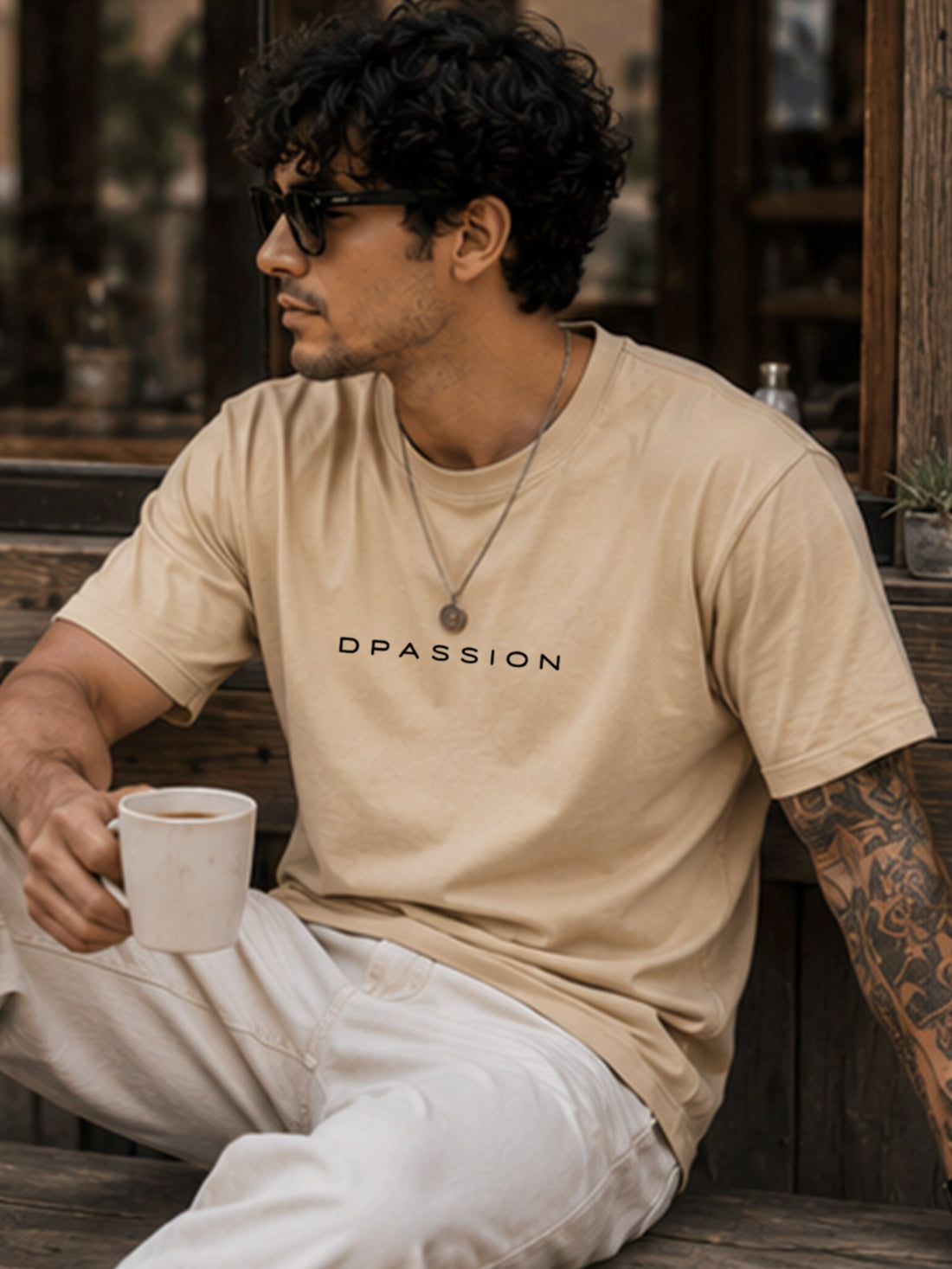 Men's Oversized Drop Shoulder T-Shirt | 100% Cotton Relaxed Fit Round Neck Streetwear Tee (Beige)