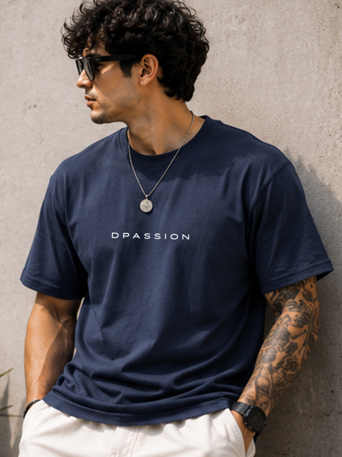 Men's Oversized Drop Shoulder T-Shirt | 100% Cotton Relaxed Fit Round Neck Streetwear Tee (Navy Blue)