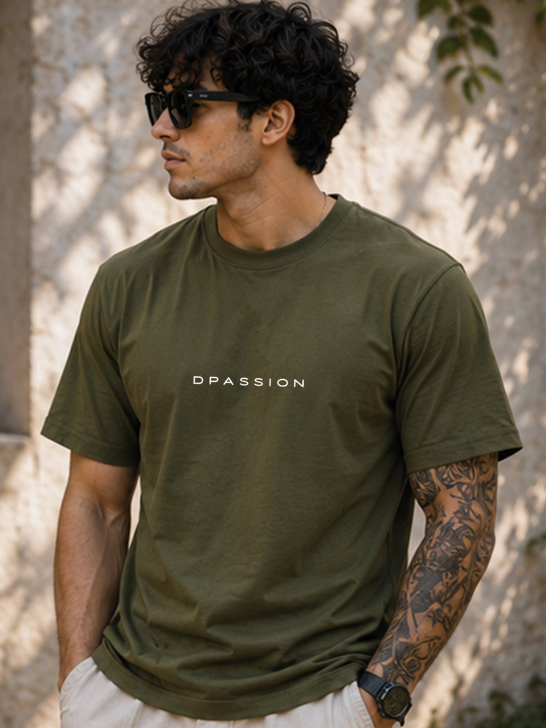Men's Oversized Drop Shoulder T-Shirt | 100% Cotton Relaxed Fit Round Neck Streetwear Tee (Olive)