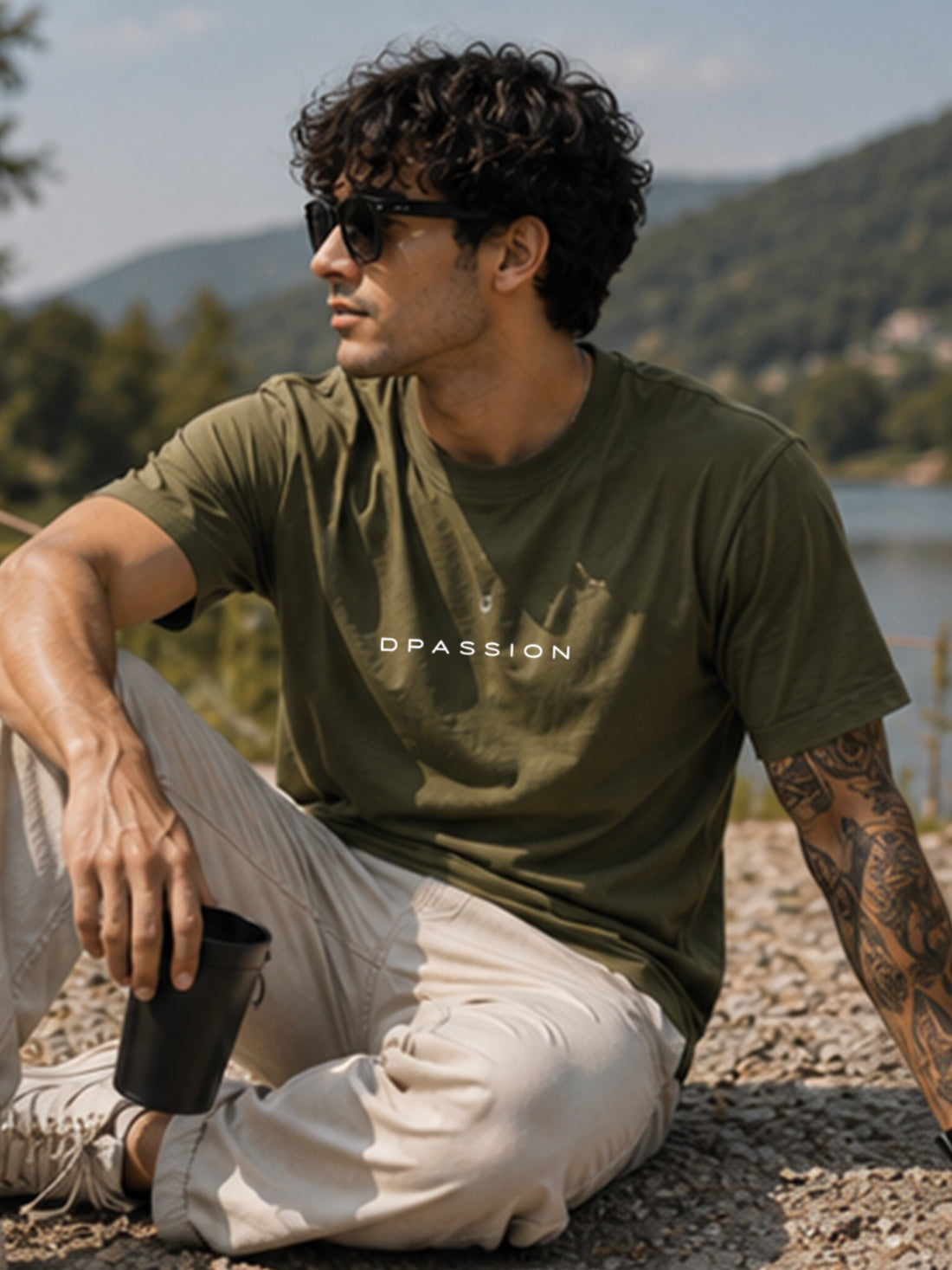 Men's Oversized Drop Shoulder T-Shirt | 100% Cotton Relaxed Fit Round Neck Streetwear Tee (Olive)