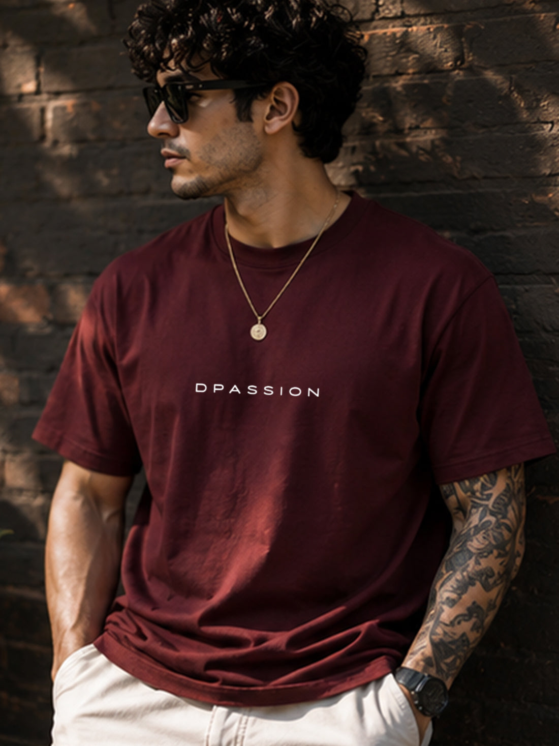 Men's Oversized Drop Shoulder T-Shirt | 100% Cotton Relaxed Fit Round Neck Streetwear Tee (Wine)