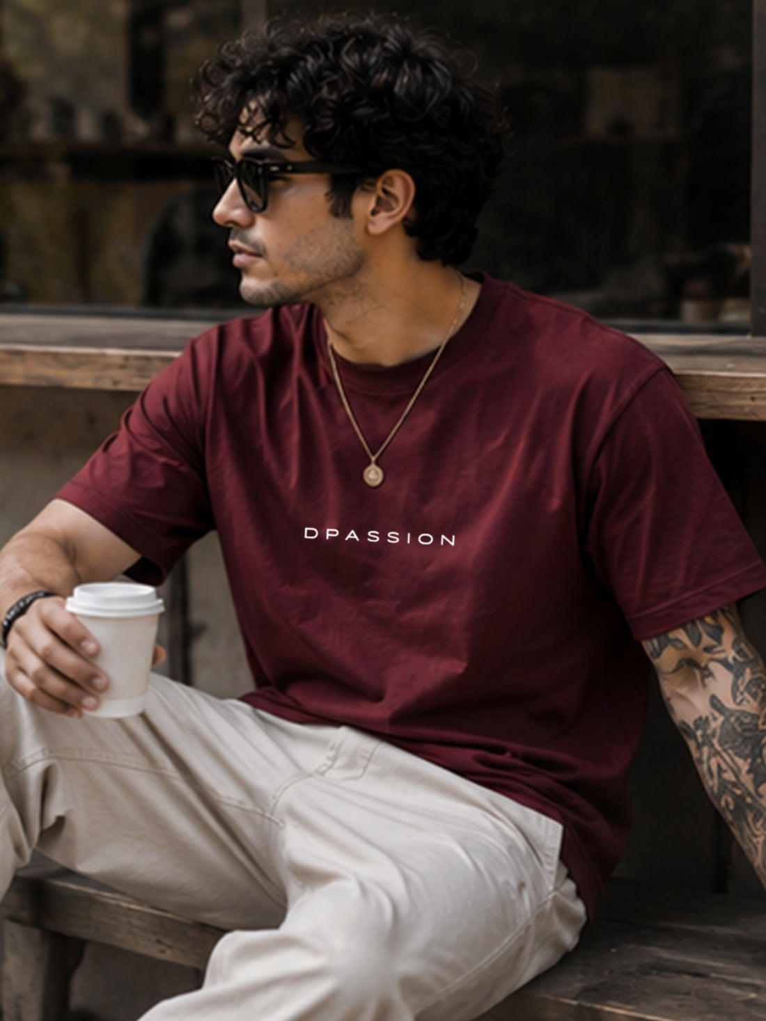 Men's Oversized Drop Shoulder T-Shirt | 100% Cotton Relaxed Fit Round Neck Streetwear Tee (Wine)