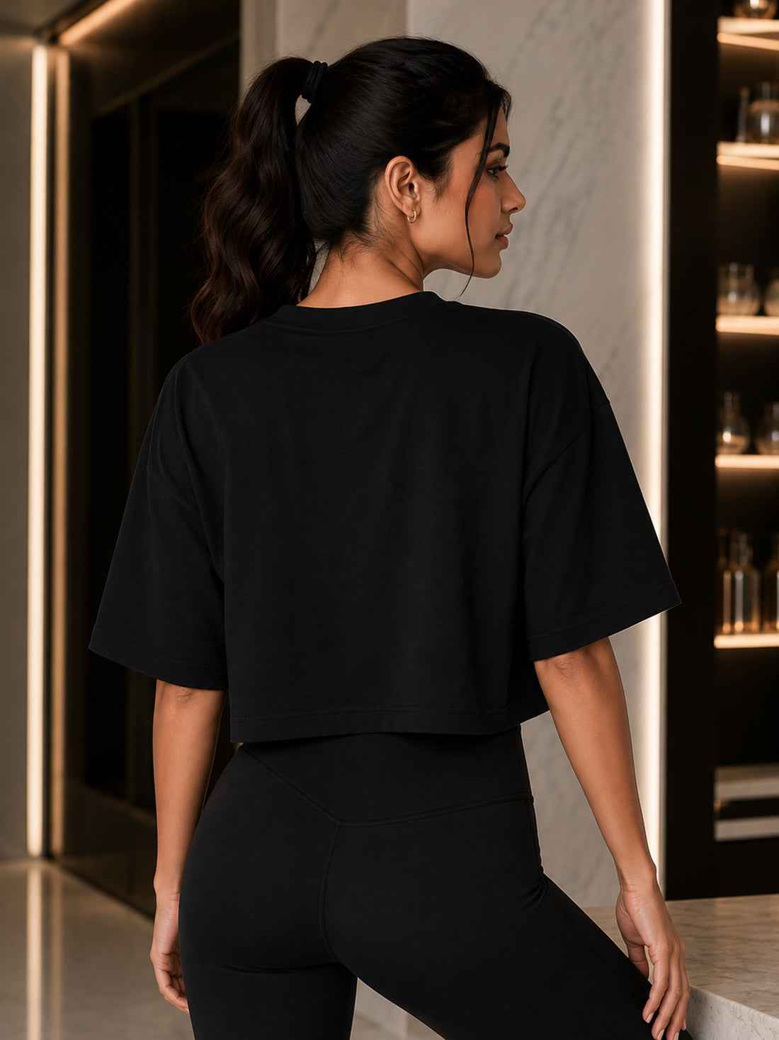 Oversized Pure Cotton Cropped T-Shirt | Drop Shoulder Graphic Printed Casual Tee  (Black)