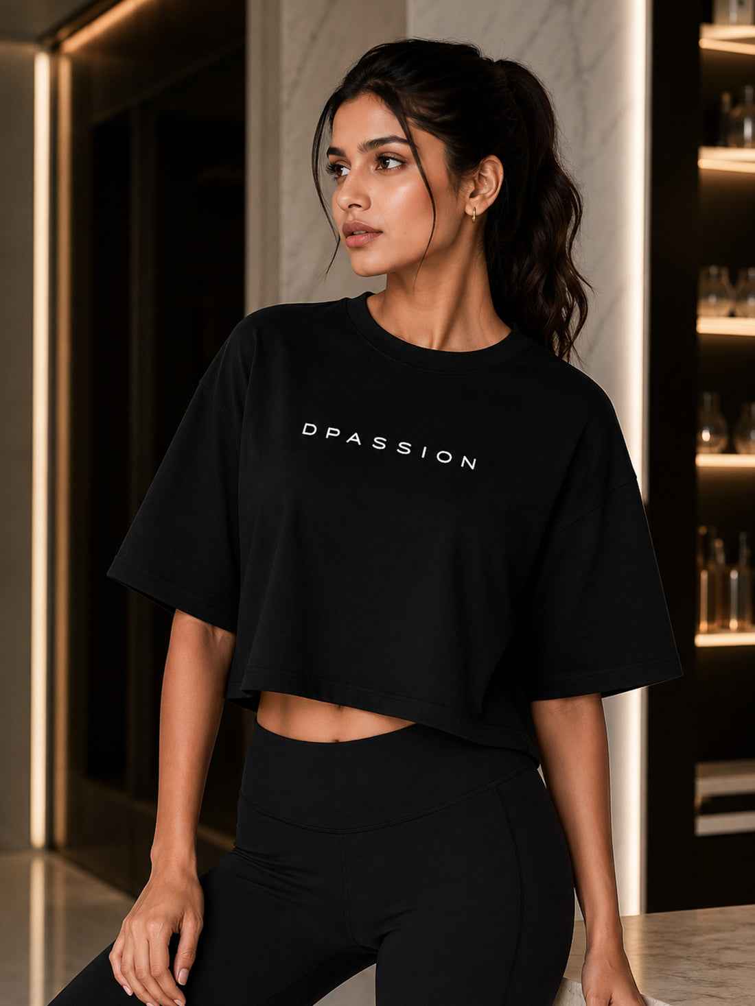 Oversized Pure Cotton Cropped T-Shirt | Drop Shoulder Graphic Printed Casual Tee  (Black)