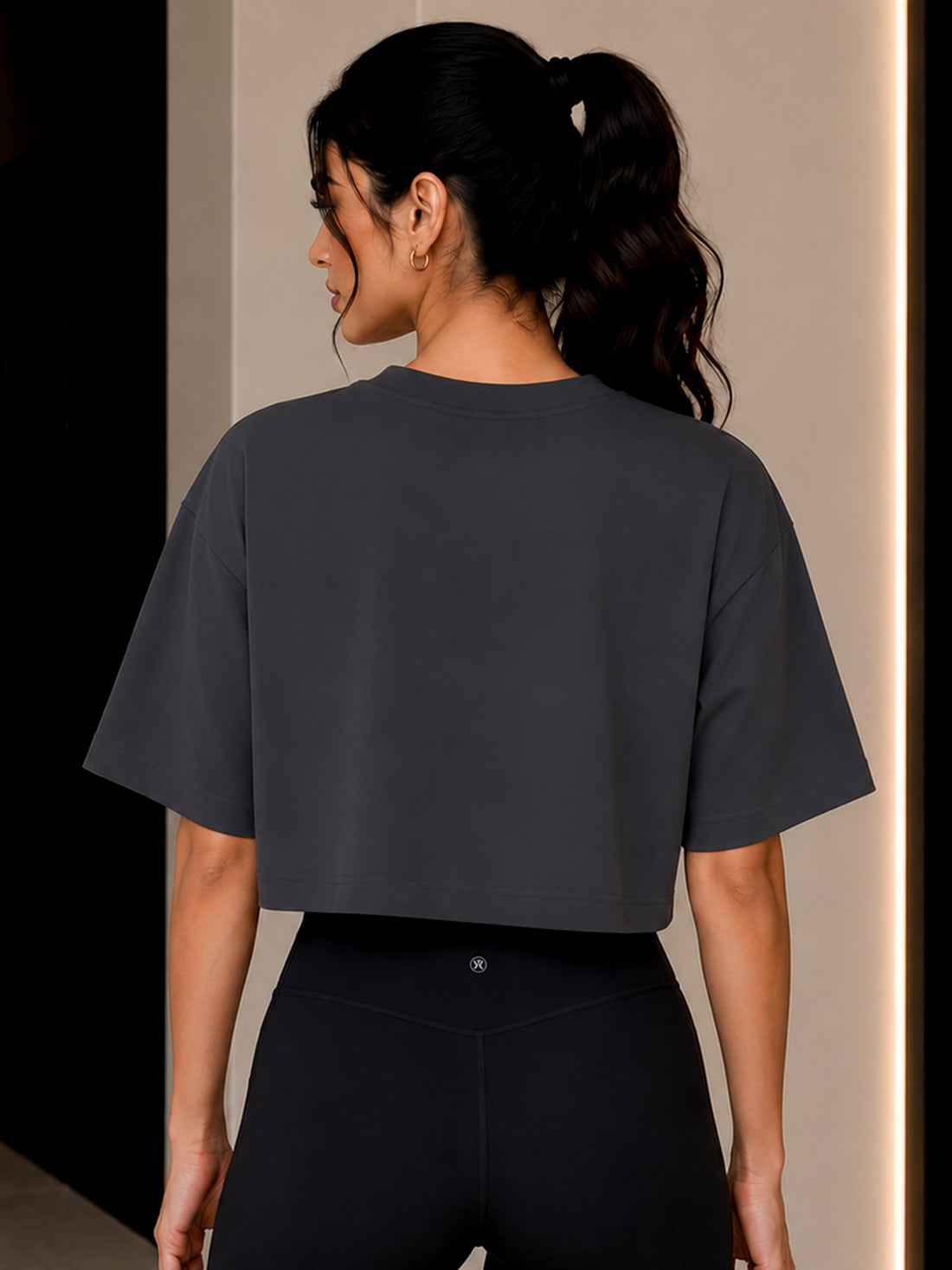 Oversized Pure Cotton Cropped T-Shirt | Drop Shoulder Graphic Printed Casual Tee (Dark Grey)