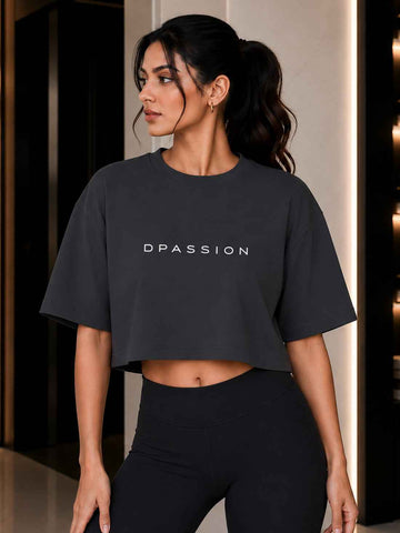 Oversized Pure Cotton Cropped T-Shirt | Drop Shoulder Graphic Printed Casual Tee (Dark Grey)