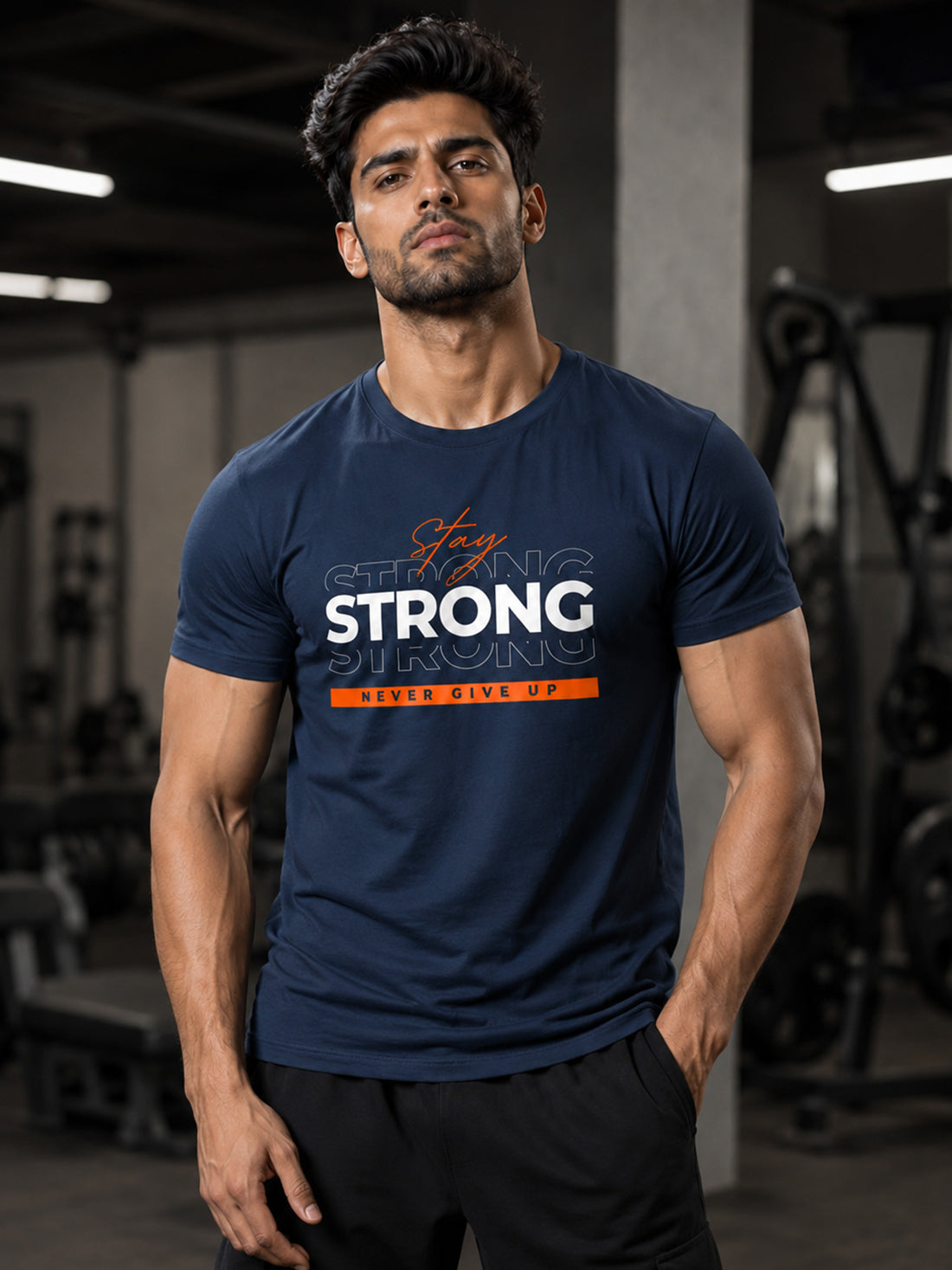 Men's Quick Dry Sports T-Shirt | Printed Gym Workout Running Training Activewear Tee (Navy Blue)
