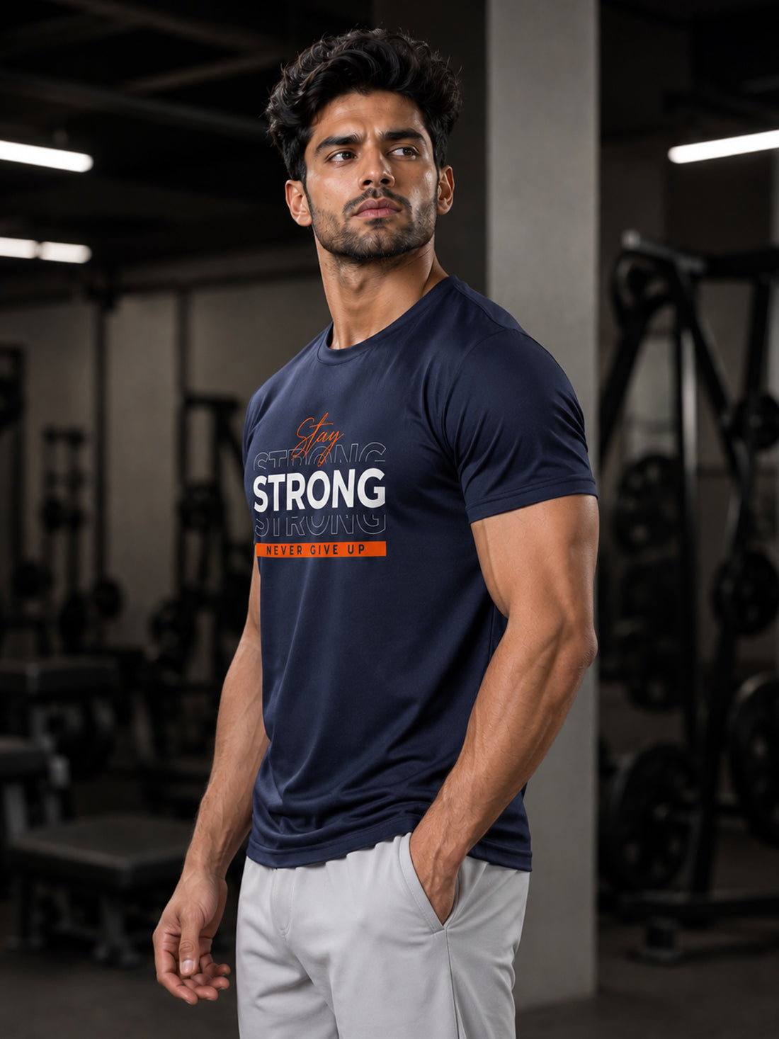Men's Quick Dry Sports T-Shirt | Printed Gym Workout Running Training Activewear Tee (Navy Blue)