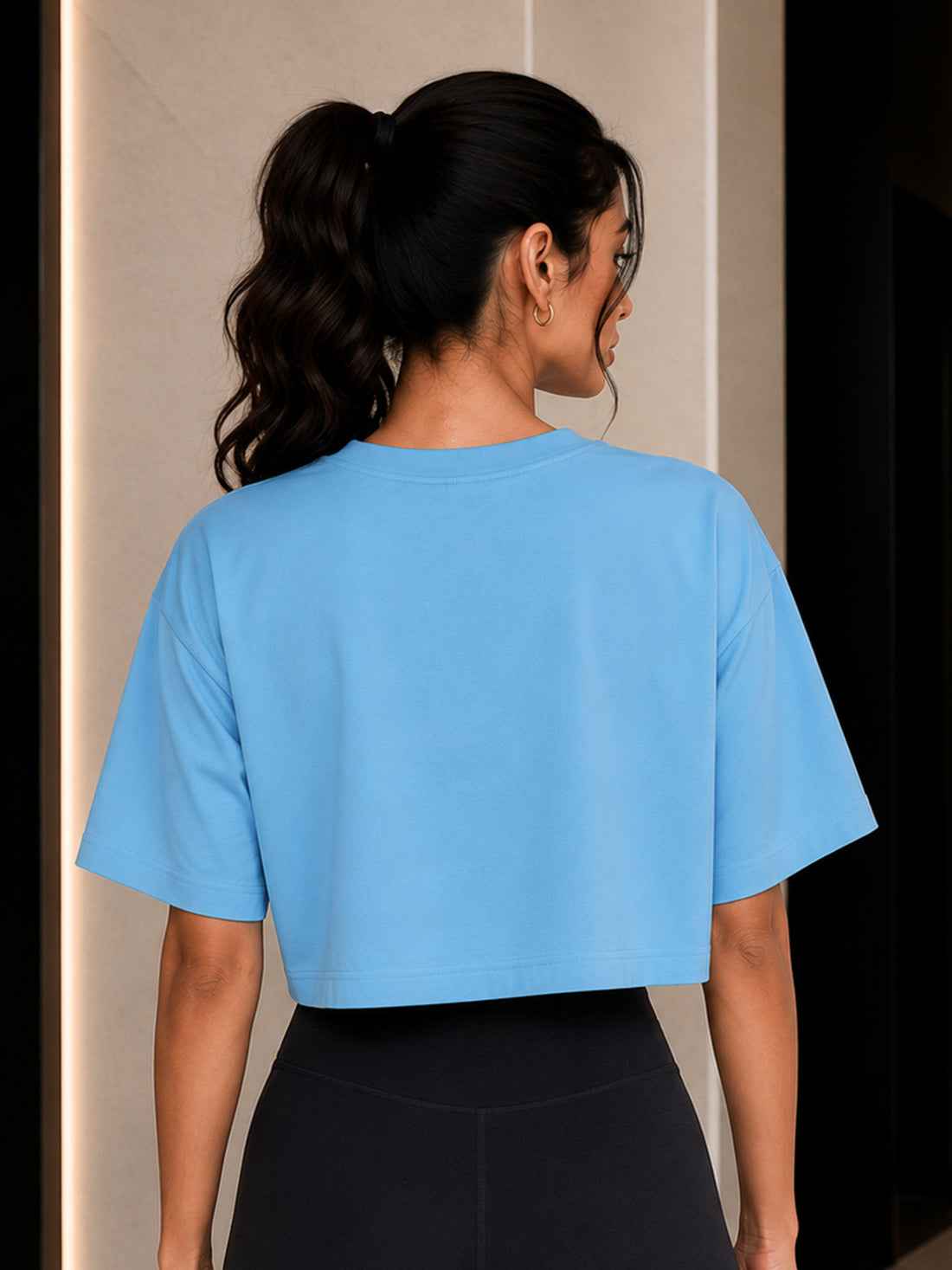 Oversized Pure Cotton Cropped T-Shirt | Drop Shoulder Graphic Printed Casual Tee (Light Blue)