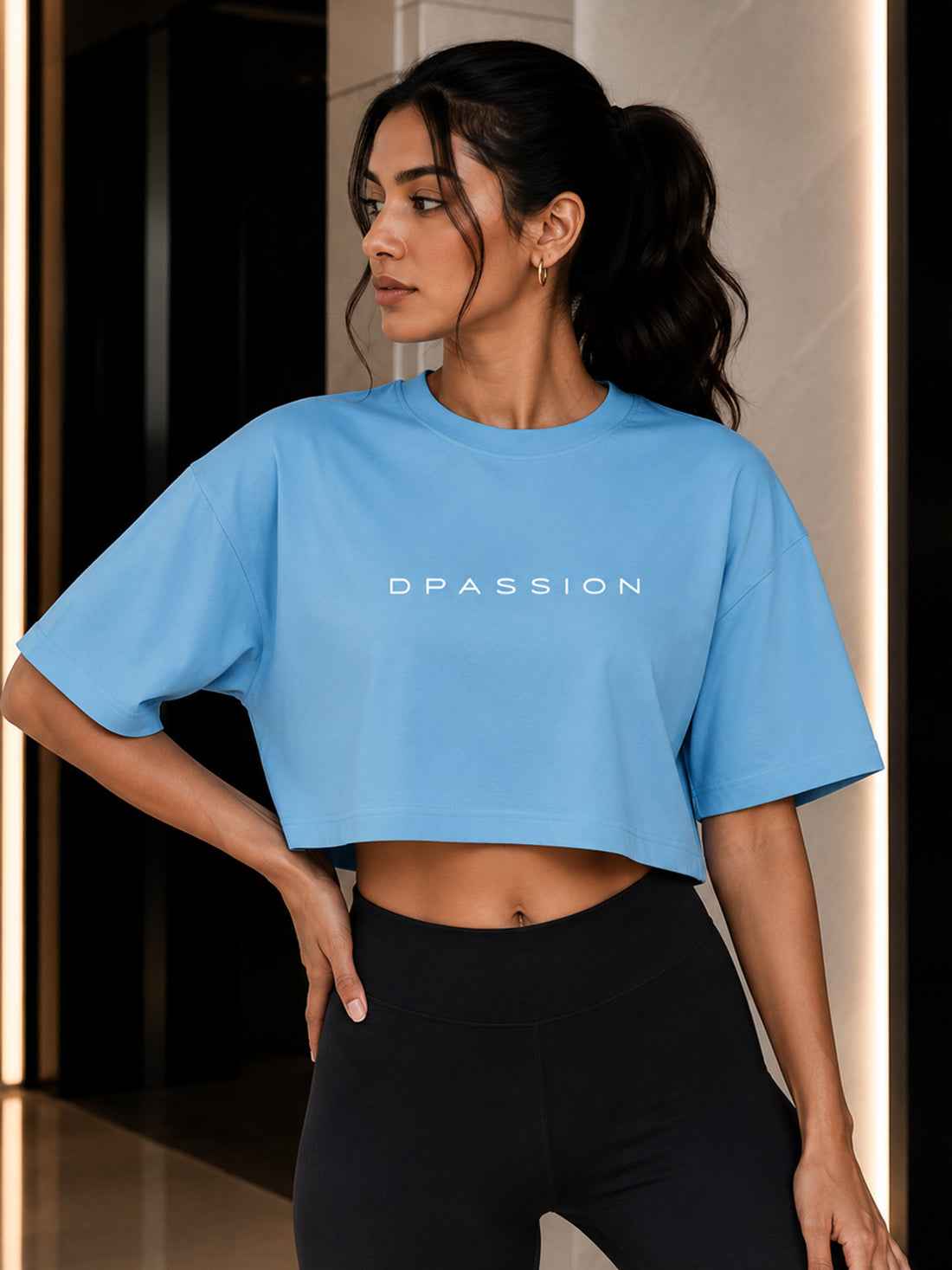 Oversized Pure Cotton Cropped T-Shirt | Drop Shoulder Graphic Printed Casual Tee (Light Blue)