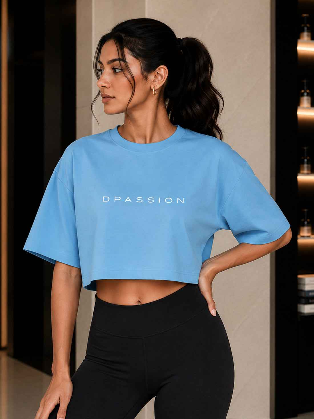Oversized Pure Cotton Cropped T-Shirt | Drop Shoulder Graphic Printed Casual Tee (Light Blue)