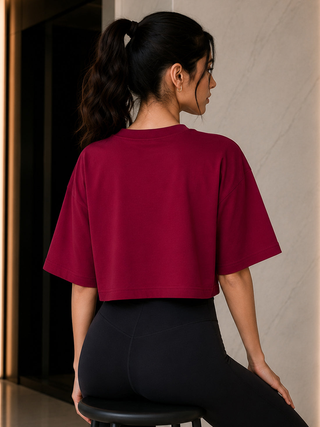 Oversized Pure Cotton Cropped T-Shirt | Drop Shoulder Graphic Printed Casual Tee (Maroon)