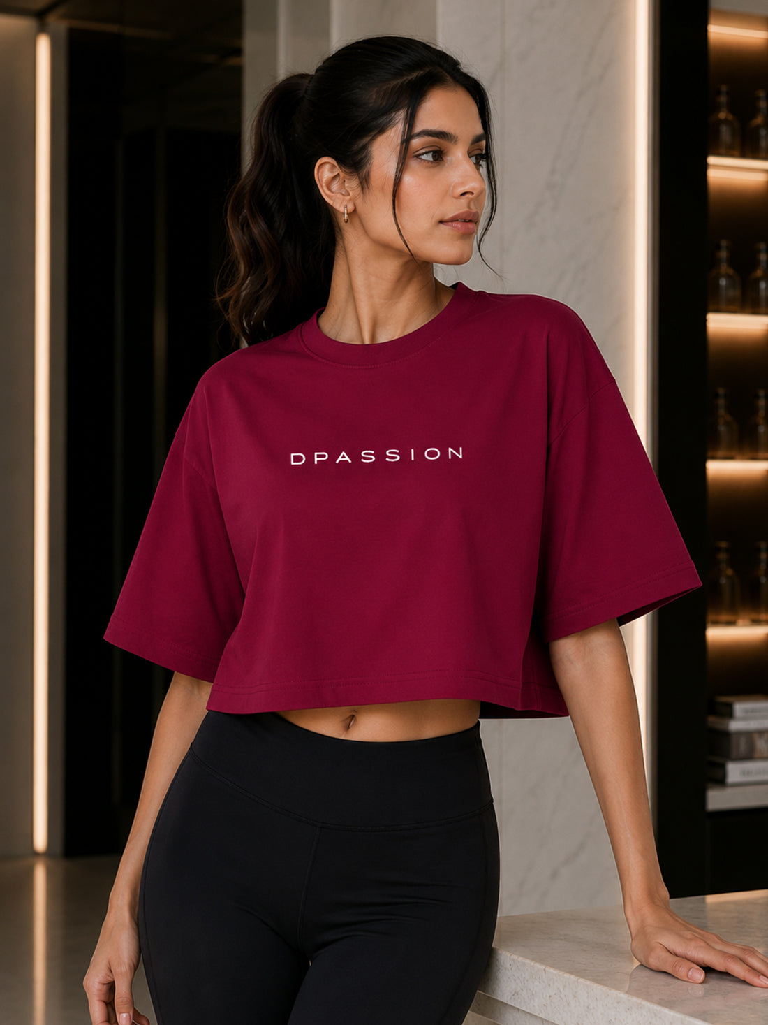 Oversized Pure Cotton Cropped T-Shirt | Drop Shoulder Graphic Printed Casual Tee (Maroon)
