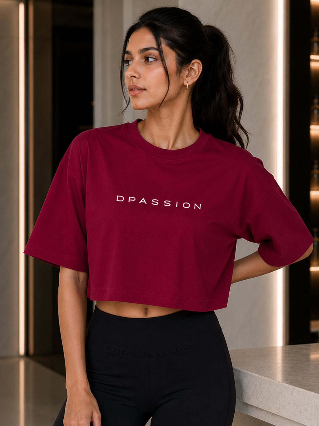 Oversized Pure Cotton Cropped T-Shirt | Drop Shoulder Graphic Printed Casual Tee (Maroon)