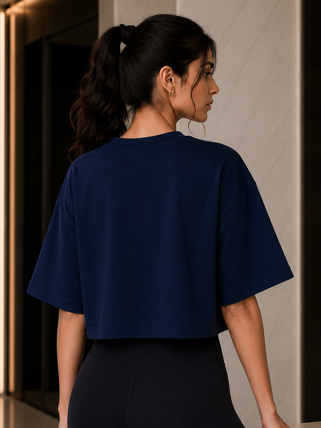 Oversized Pure Cotton Cropped T-Shirt | Drop Shoulder Graphic Printed Casual Tee (Navy Blue)
