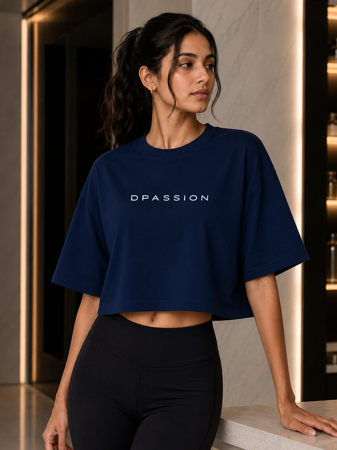 Oversized Pure Cotton Cropped T-Shirt | Drop Shoulder Graphic Printed Casual Tee (Navy Blue)