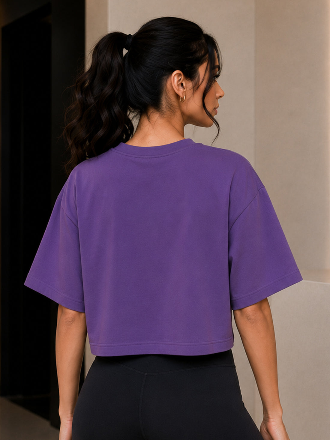 Oversized Pure Cotton Cropped T-Shirt | Drop Shoulder Graphic Printed Casual Tee (Purple)