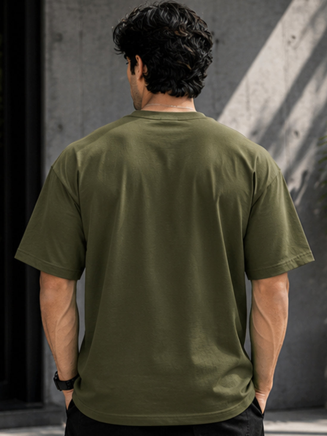 Men's Oversized Drop Shoulder T-Shirt | Pure Cotton Relaxed Fit Round Neck Streetwear Tee (Olive)