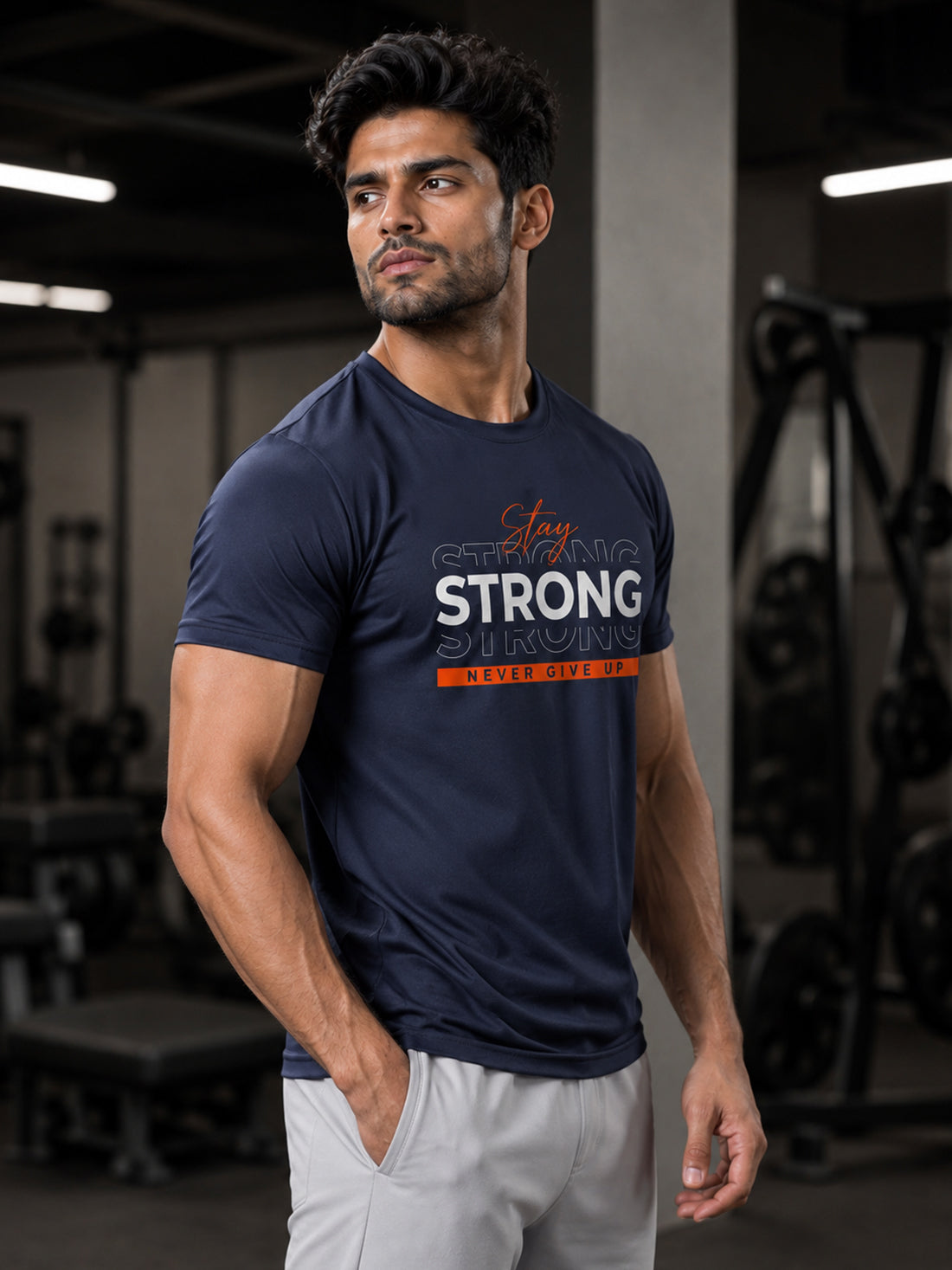 Men's Quick Dry Sports T-Shirt | Printed Gym Workout Running Training Activewear Tee (Navy Blue)