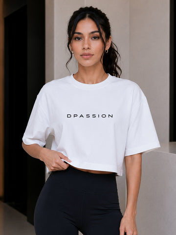 Oversized Pure Cotton Cropped T-Shirt | Drop Shoulder Graphic Printed Casual Tee (White)