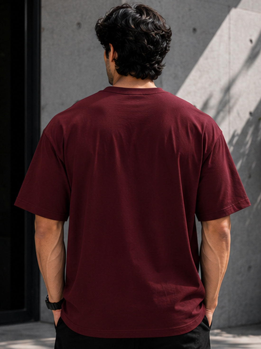 Men's Oversized Drop Shoulder T-Shirt | Pure Cotton Relaxed Fit Round Neck Streetwear Tee (Wine)