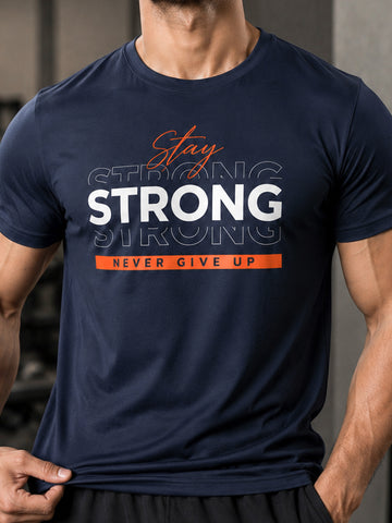 Men's Quick Dry Sports T-Shirt | Printed Gym Workout Running Training Activewear Tee (Navy Blue)