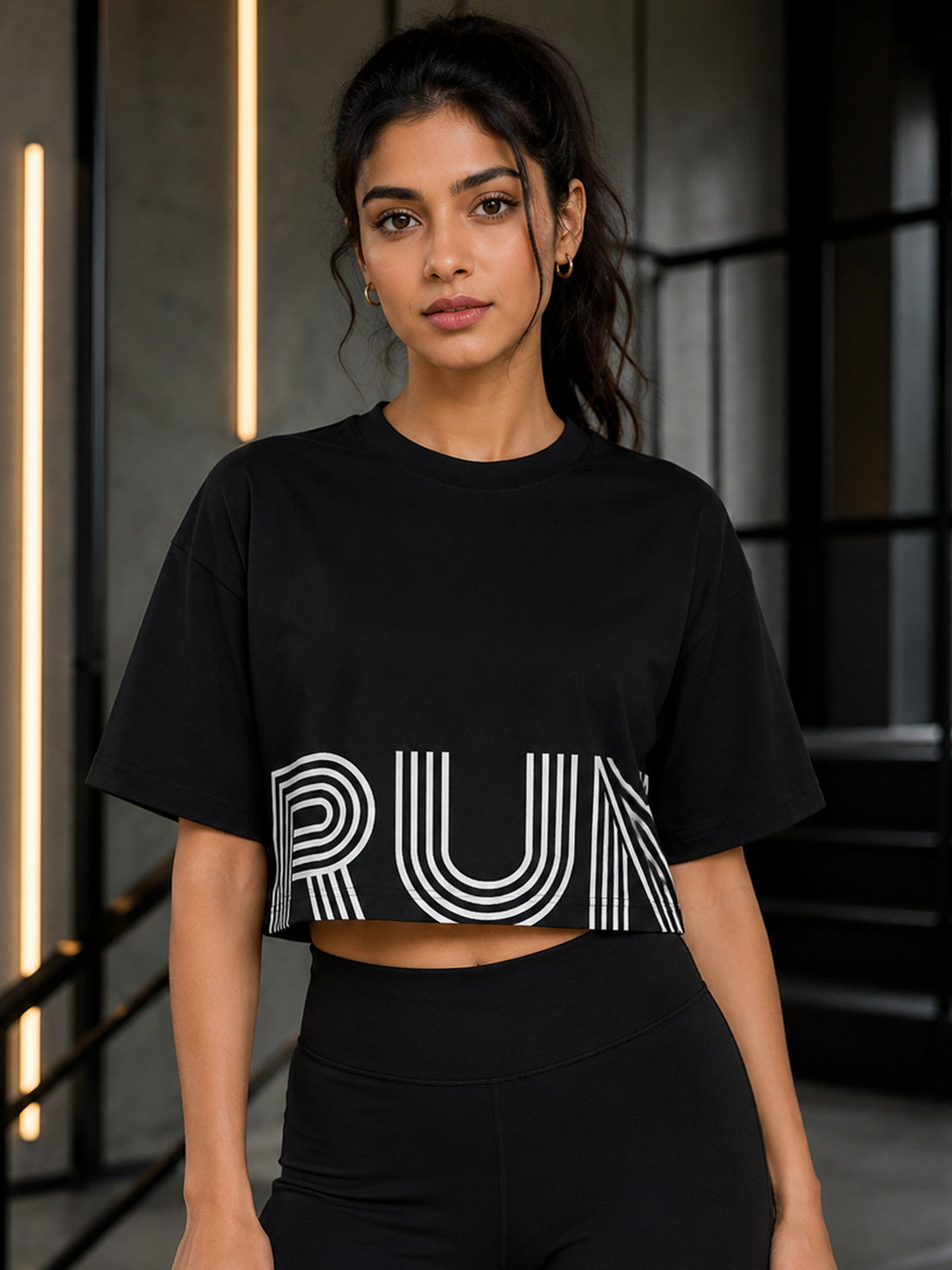 Oversized Pure Cotton Cropped T-Shirt | Drop Shoulder Graphic Printed Casual Tee (Black)