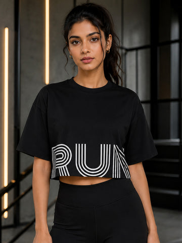 Oversized Pure Cotton Cropped T-Shirt | Drop Shoulder Graphic Printed Casual Tee (Black)
