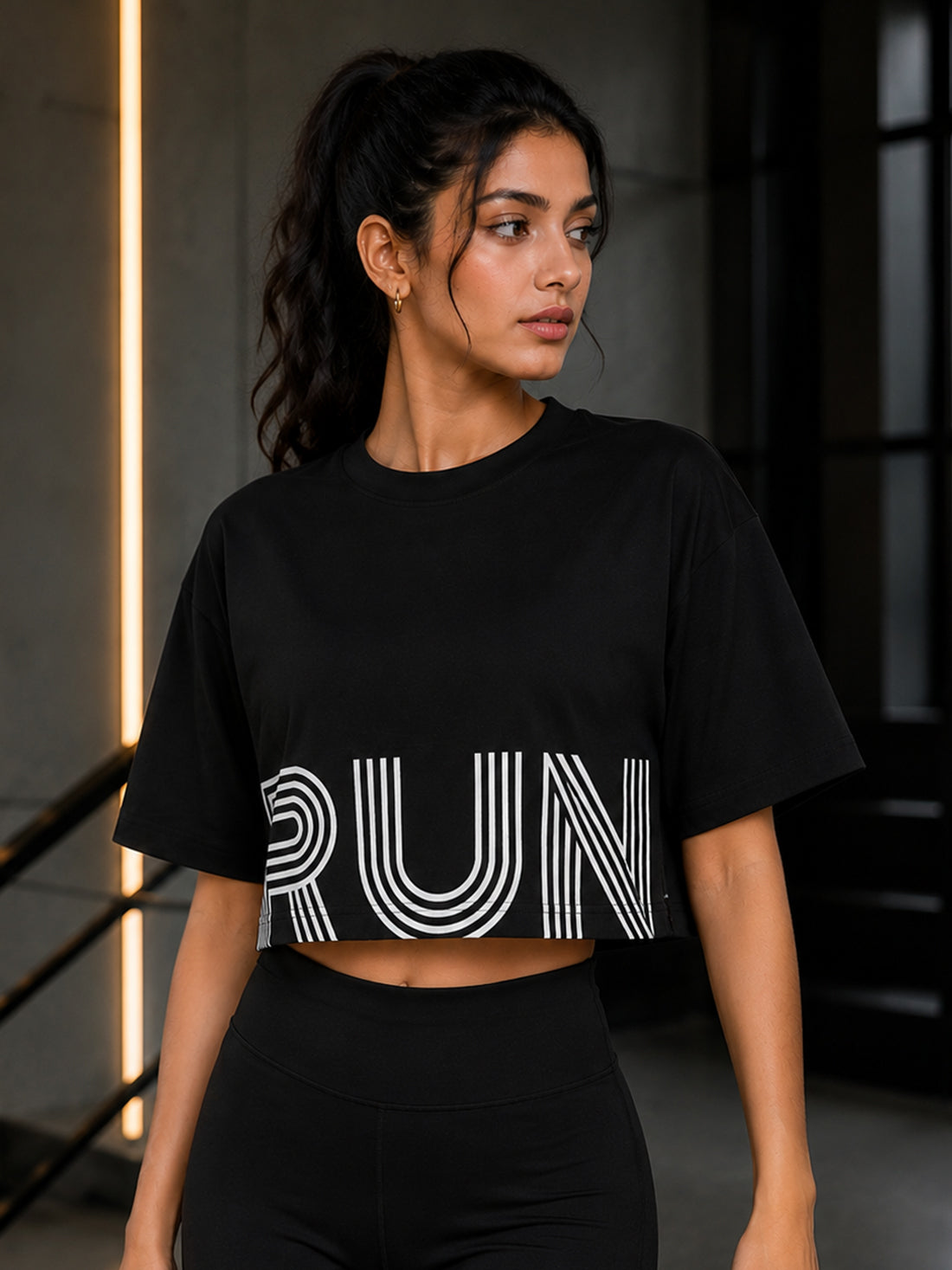 Oversized Pure Cotton Cropped T-Shirt | Drop Shoulder Graphic Printed Casual Tee (Black)