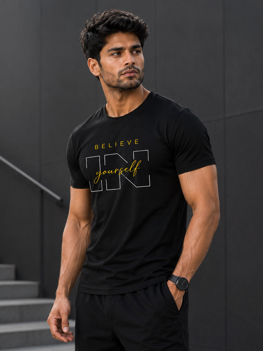 Men's Quick Dry Sports T-Shirt | Printed Gym Workout Running Training Activewear Tee (Black)