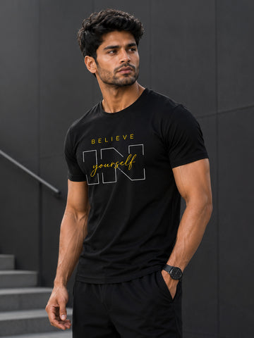 Men's Quick Dry Sports T-Shirt | Printed Gym Workout Running Training Activewear Tee (Black)