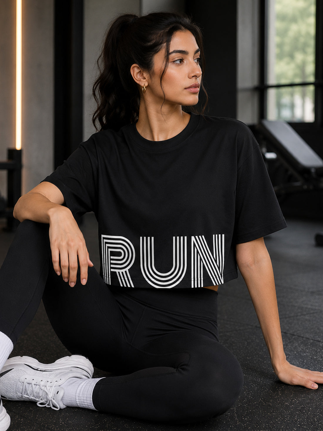 Oversized Pure Cotton Cropped T-Shirt | Drop Shoulder Graphic Printed Casual Tee (Black)