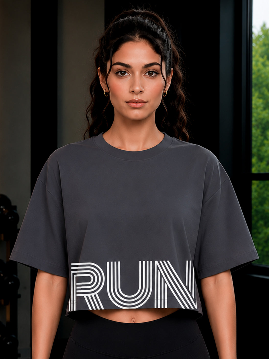 Oversized Pure Cotton Cropped T-Shirt | Drop Shoulder Graphic Printed Casual Tee (Dark Grey)