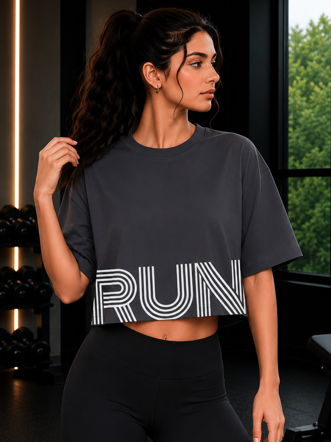 Oversized Pure Cotton Cropped T-Shirt | Drop Shoulder Graphic Printed Casual Tee (Dark Grey)