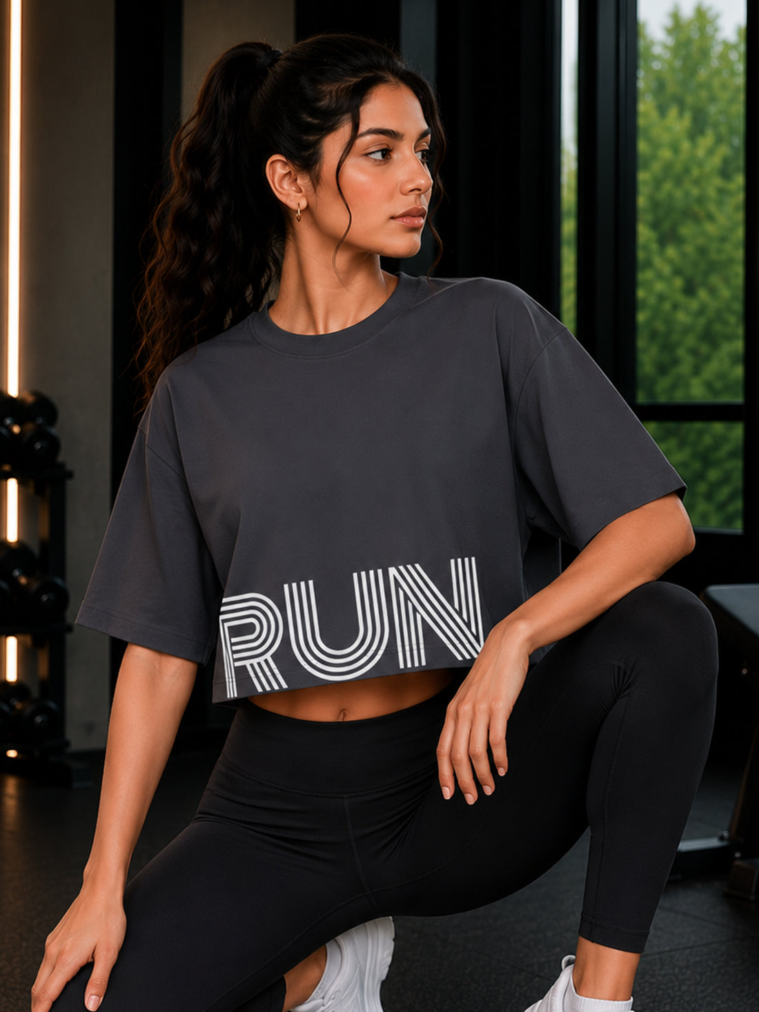 Oversized Pure Cotton Cropped T-Shirt | Drop Shoulder Graphic Printed Casual Tee (Dark Grey)