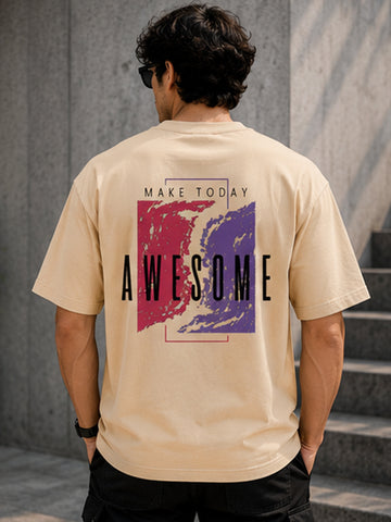 Men's Oversized Drop Shoulder T-Shirt | Pure Cotton Relaxed Fit Round Neck Streetwear Activewear Tee (Beige)