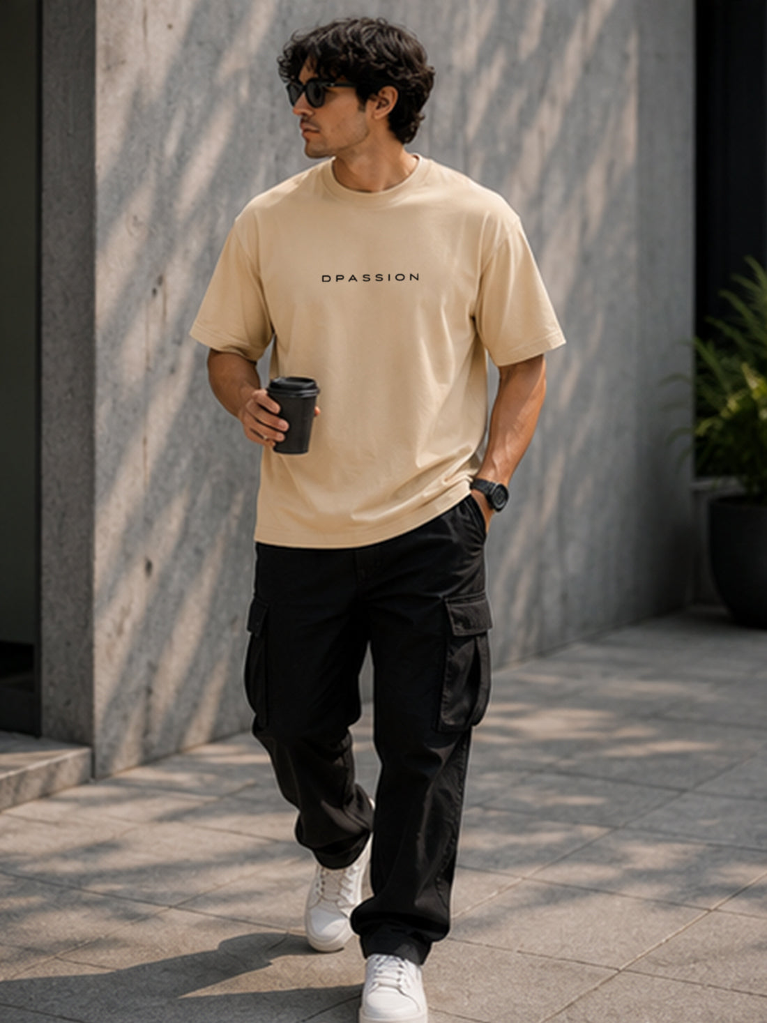 Men's Oversized Drop Shoulder T-Shirt | Pure Cotton Relaxed Fit Round Neck Streetwear Activewear Tee (Beige)