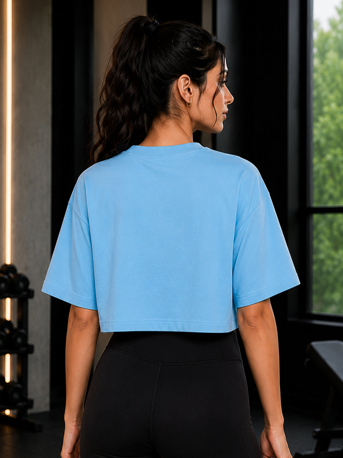 Oversized Pure Cotton Cropped T-Shirt | Drop Shoulder Graphic Printed Casual Tee (Light Blue)