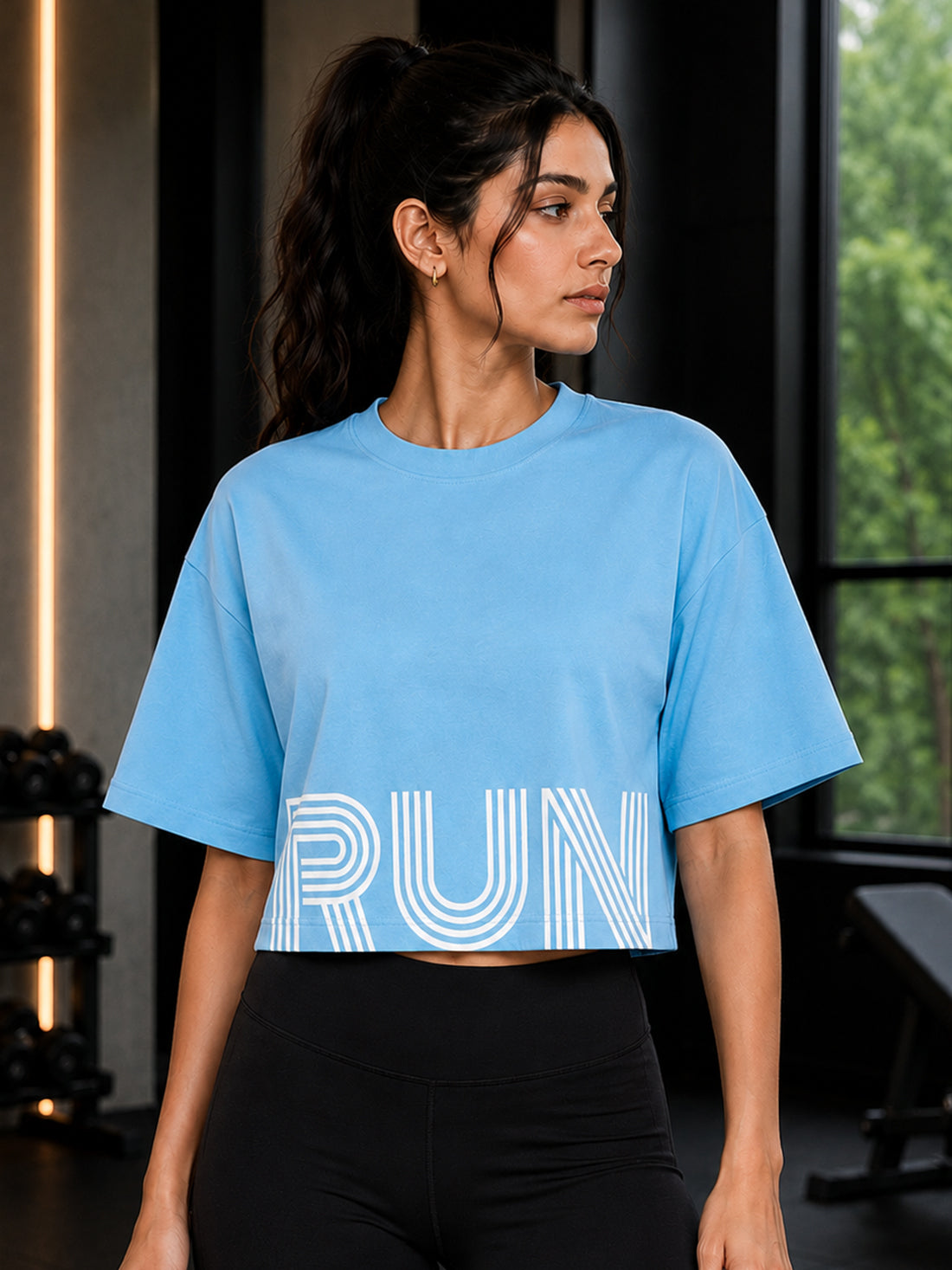Oversized Pure Cotton Cropped T-Shirt | Drop Shoulder Graphic Printed Casual Tee (Light Blue)