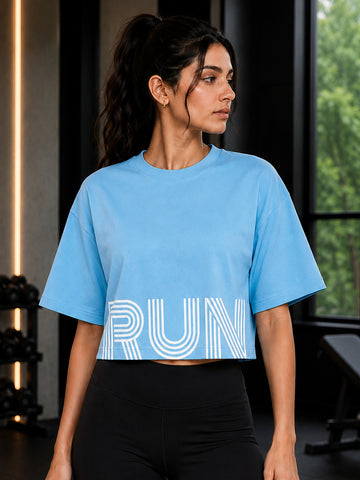 Oversized Pure Cotton Cropped T-Shirt | Drop Shoulder Graphic Printed Casual Tee (Light Blue)