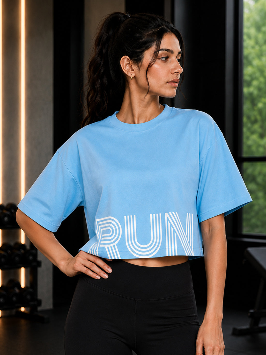 Oversized Pure Cotton Cropped T-Shirt | Drop Shoulder Graphic Printed Casual Tee (Light Blue)