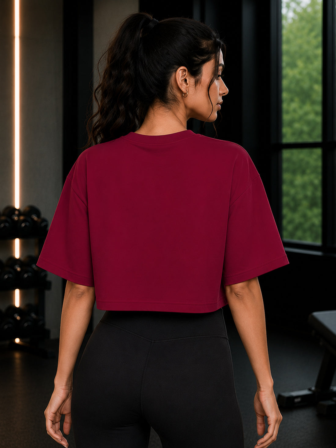 Oversized Pure Cotton Cropped T-Shirt | Drop Shoulder Graphic Printed Casual Tee (Maroon)