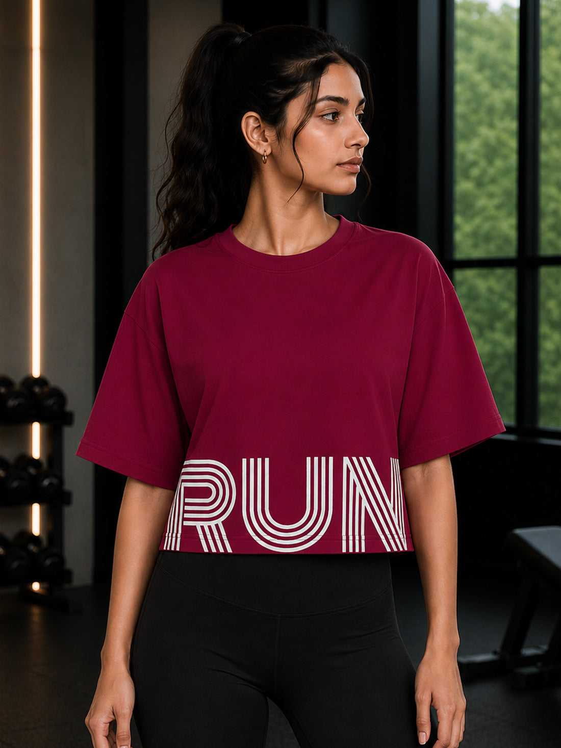 Oversized Pure Cotton Cropped T-Shirt | Drop Shoulder Graphic Printed Casual Tee (Maroon)