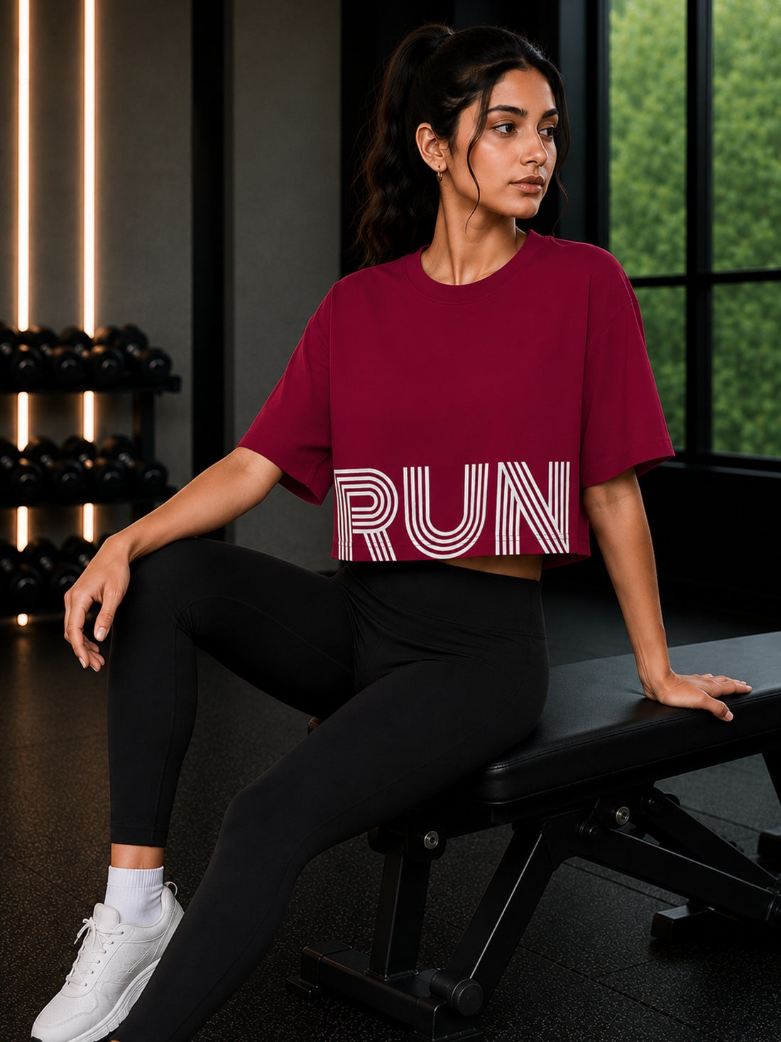 Oversized Pure Cotton Cropped T-Shirt | Drop Shoulder Graphic Printed Casual Tee (Maroon)
