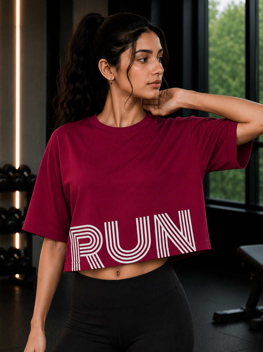 Oversized Pure Cotton Cropped T-Shirt | Drop Shoulder Graphic Printed Casual Tee (Maroon)
